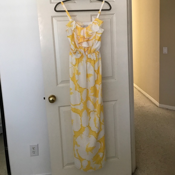 Yellow & white Ann Taylor Loft maxi dress with white chiffon layer underneath. - Picture 1 of 4