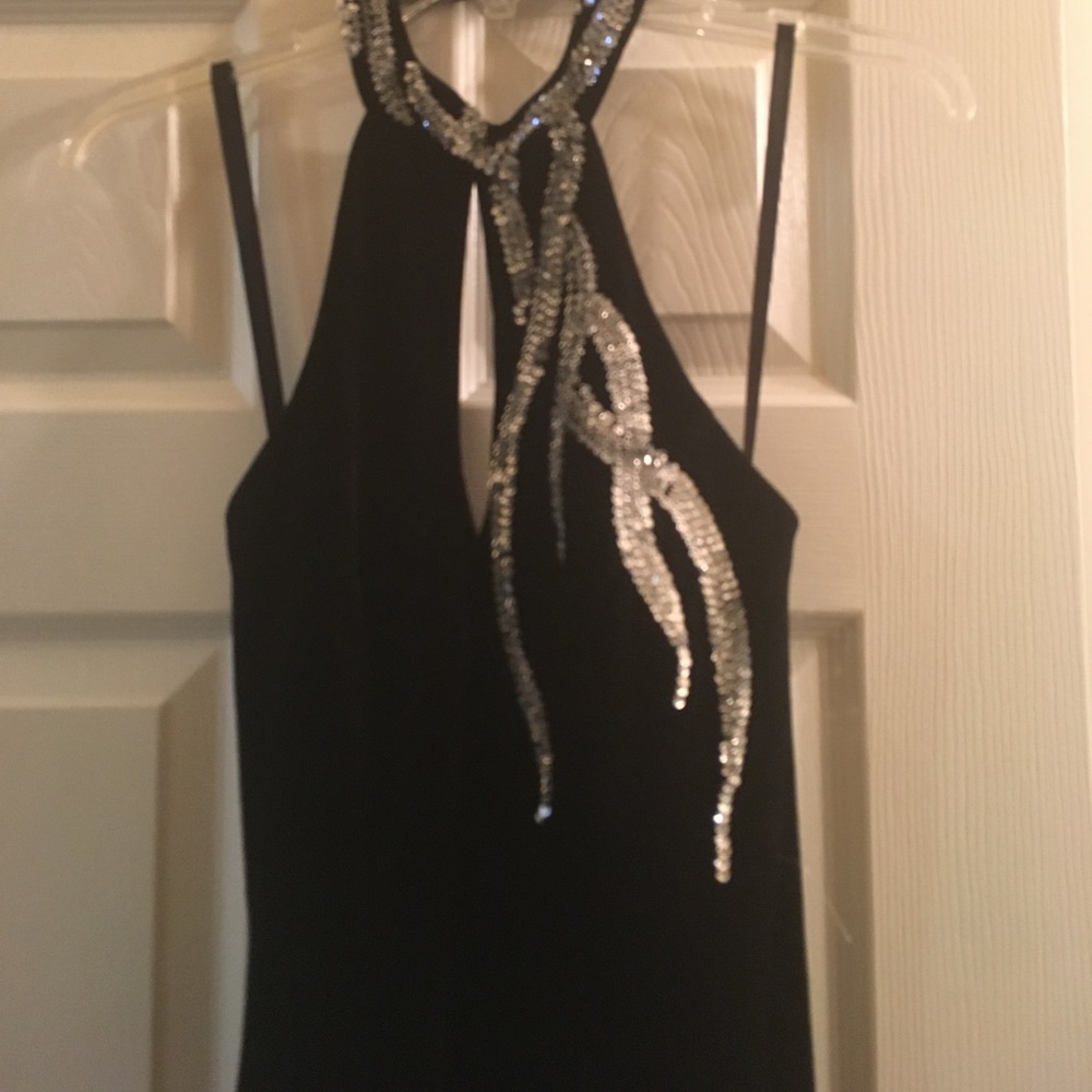 Black velvet evening gown with silver detailing
