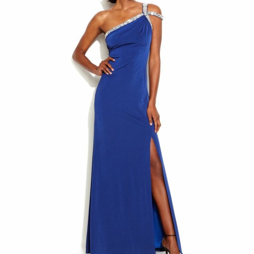 One shoulder embellished royal blue gown