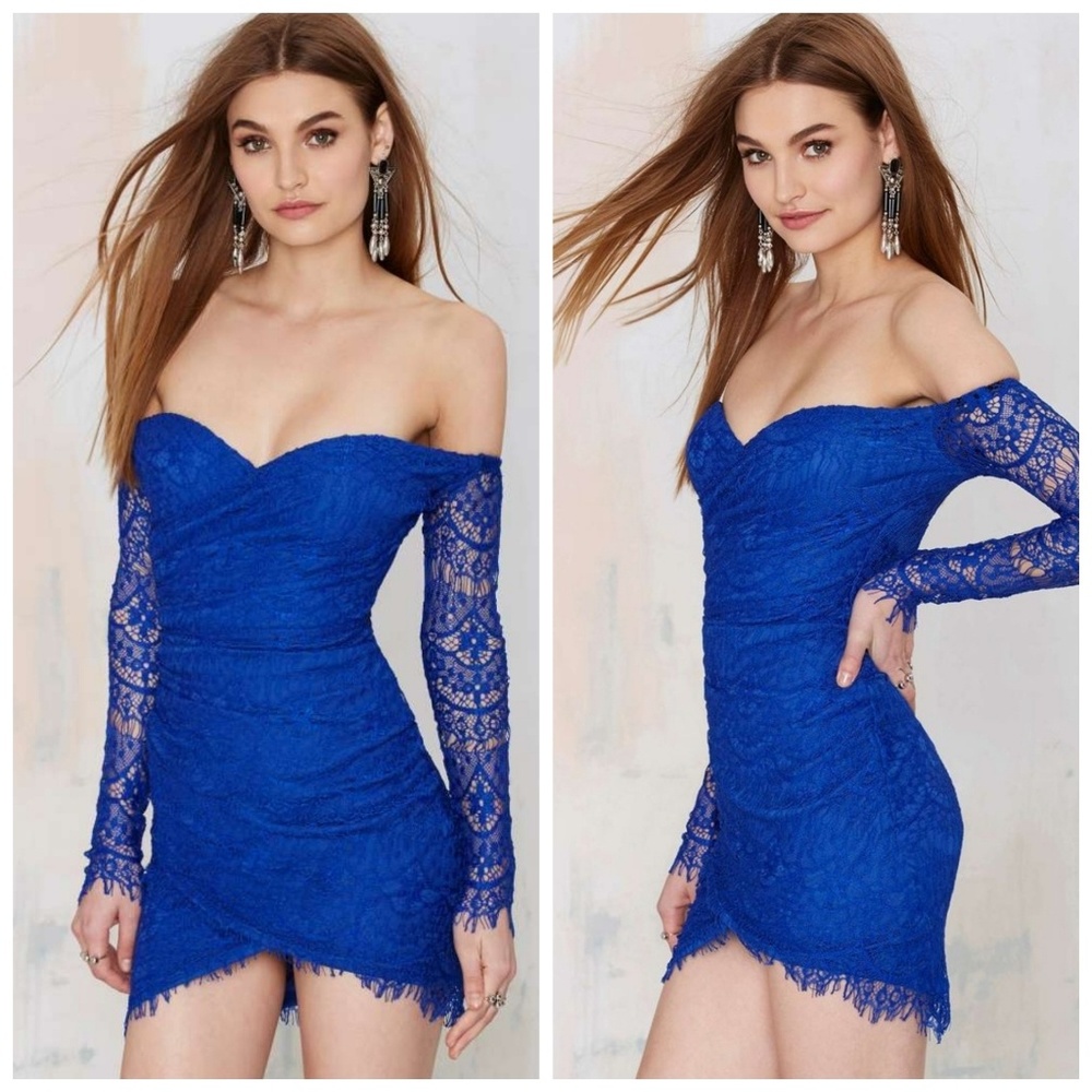 NWT REVERSE BLUE LACE BARDOT DRESS