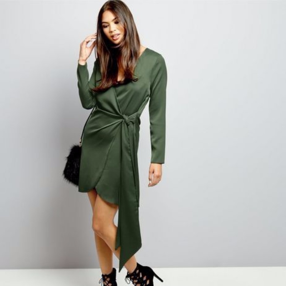 Khaki Sateen Wrap Front Long Sleeve Dress