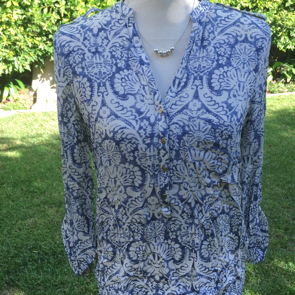 Zara Blue & ivory Tunic w/ Epaulets Size M