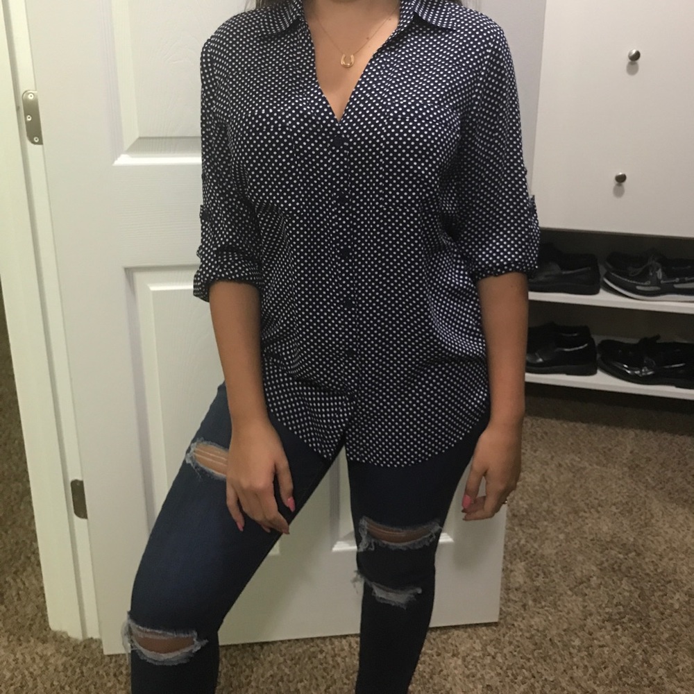 Button down blouse, polka dot navy blue and white