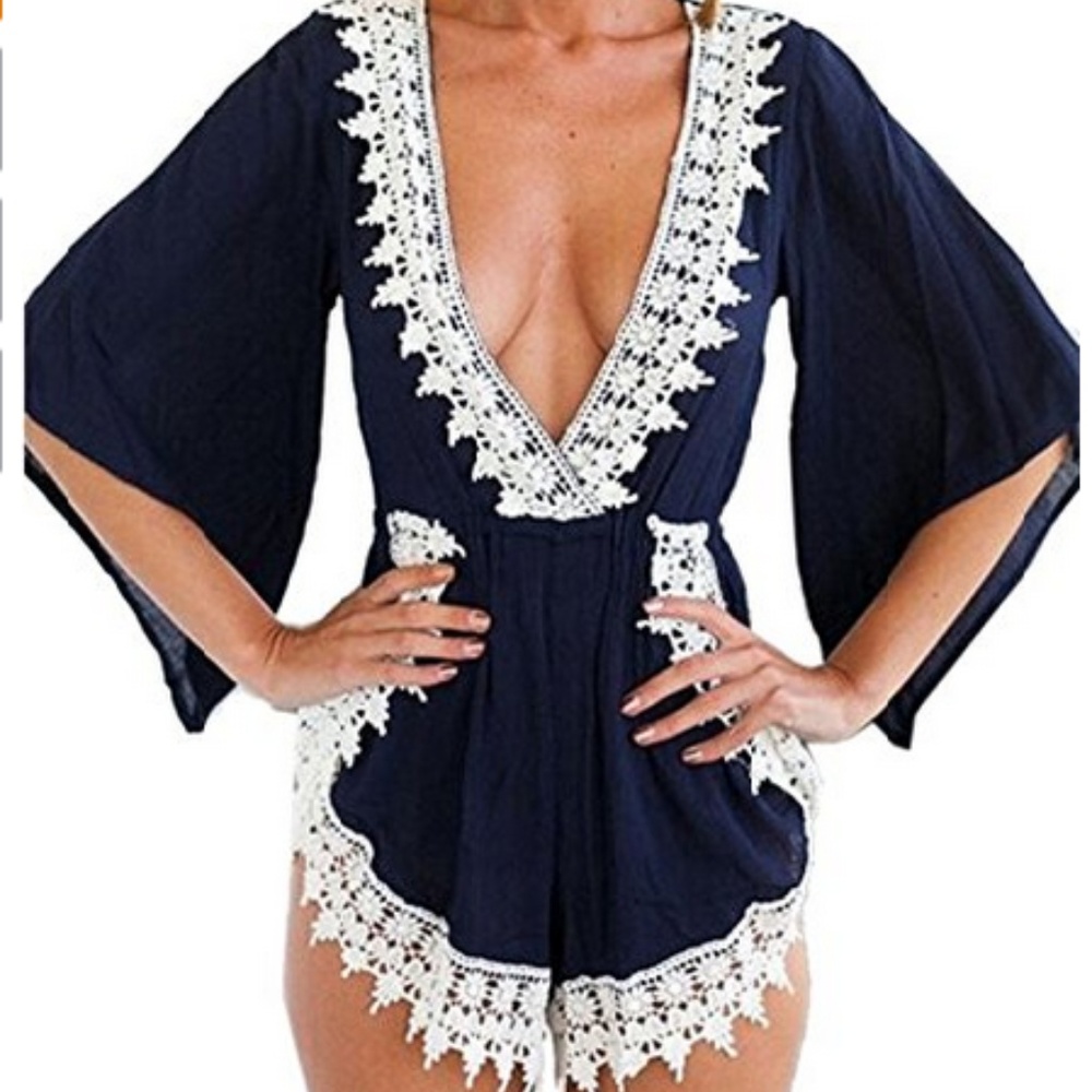 Deep V Neck Beach Cover Up Lace Romper
