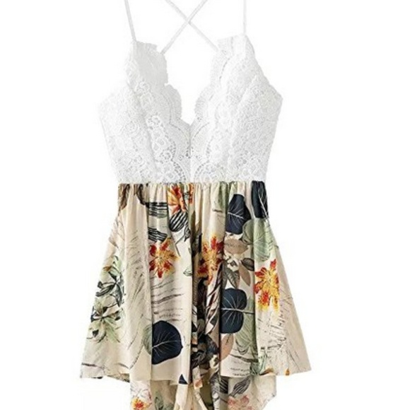 Pants - Leaf Print Lace Top Backless Romper