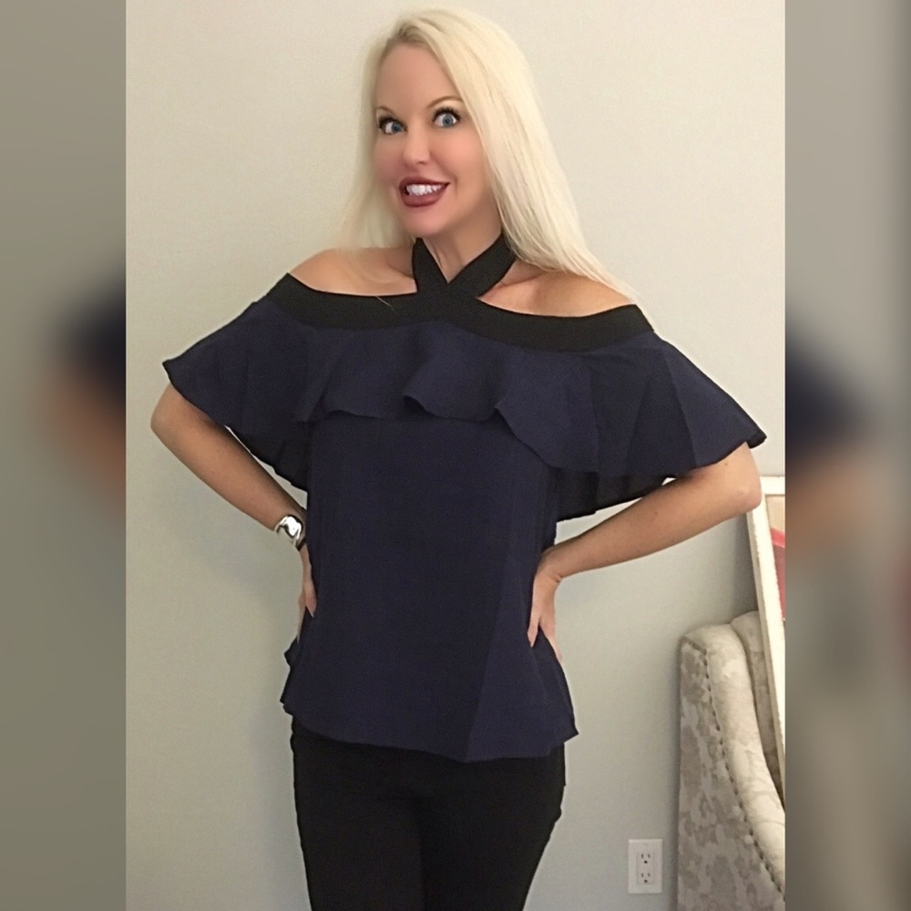 LAST 1! 😊Navy tie back top w/black trim - Picture 2 of 3