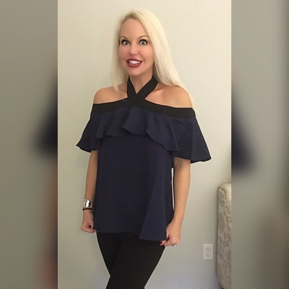 LAST 1! ๐Navy tie back top w/black trim - Picture 3 of 3