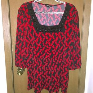 Red and black 3/4 sleeve blouse w/ jeweled collar