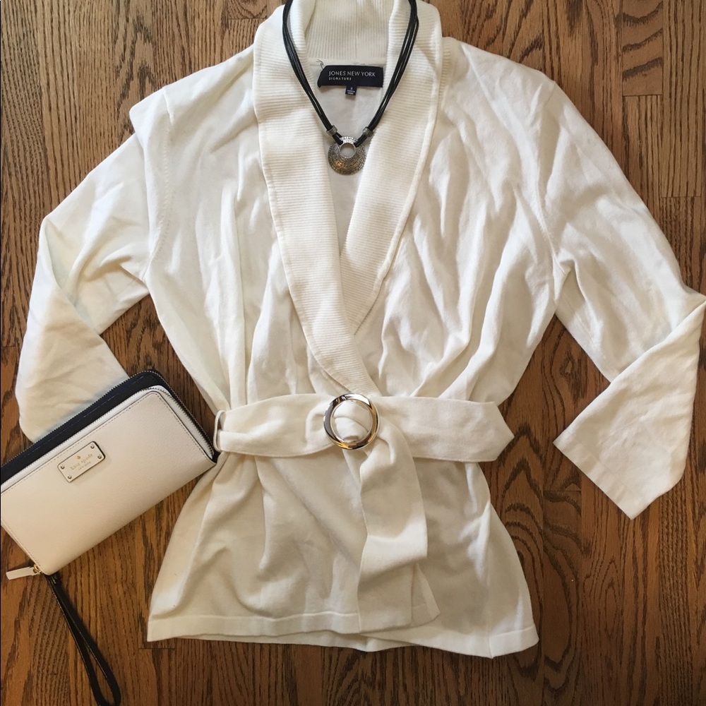 Jones New York Ivory Belted Sweater Jacket size S