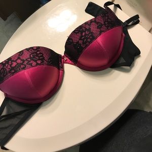 Pink and black lace bra