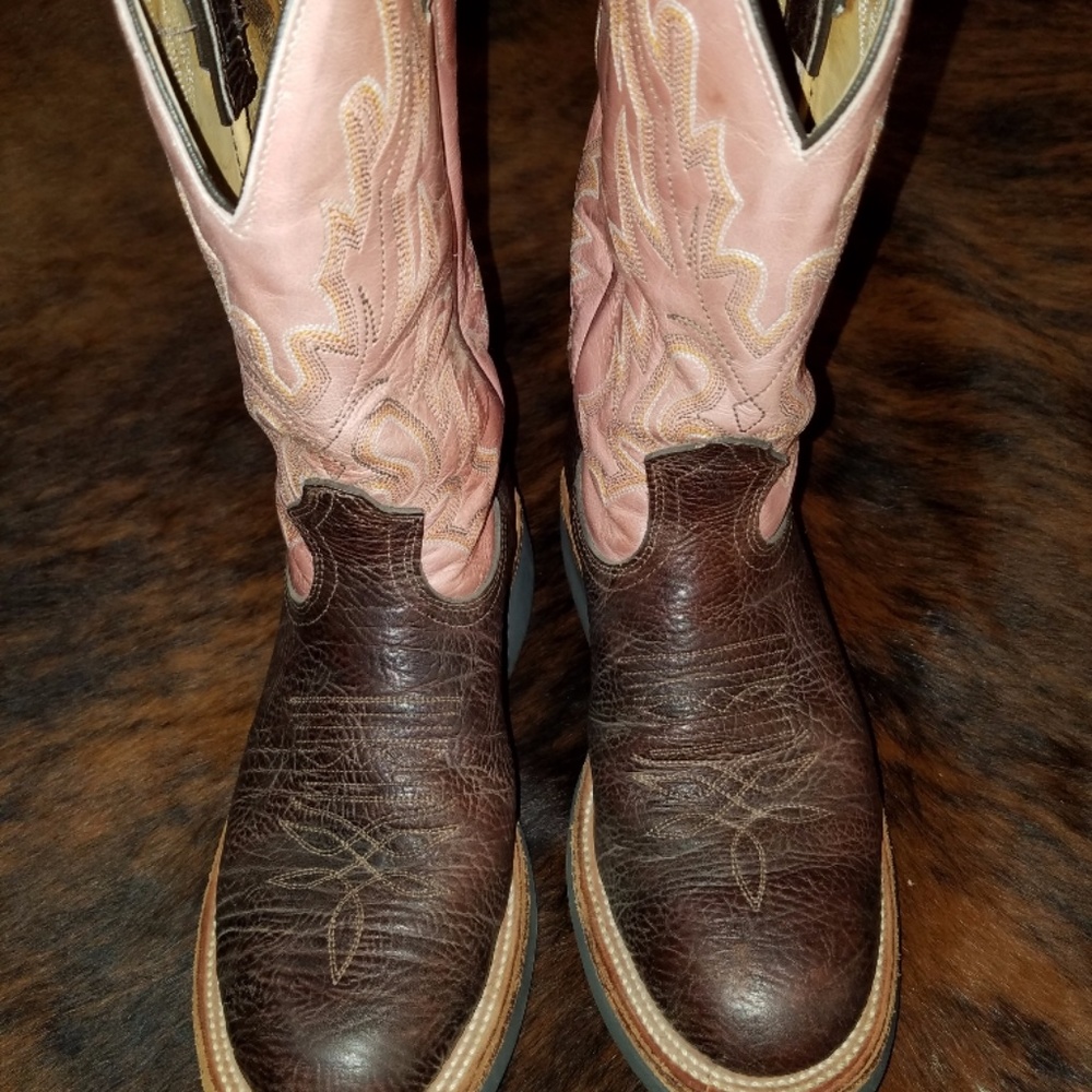 Boulet Western Round Toe Boots Pink Brown 7.5