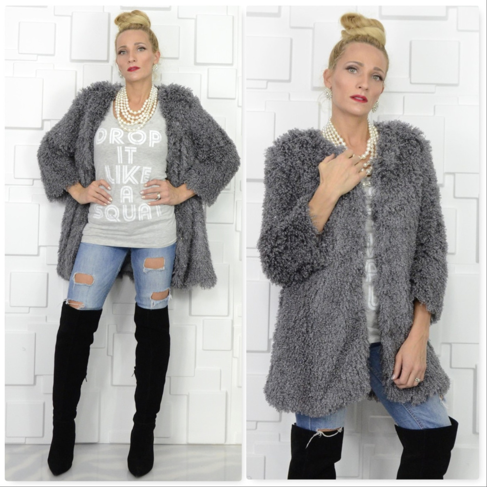 GRAY FUZZY FAUX FUR JACKET - Picture 2 of 4