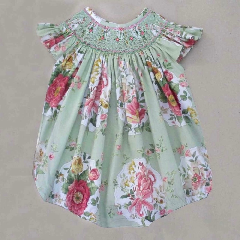 Green floral smocked bubble