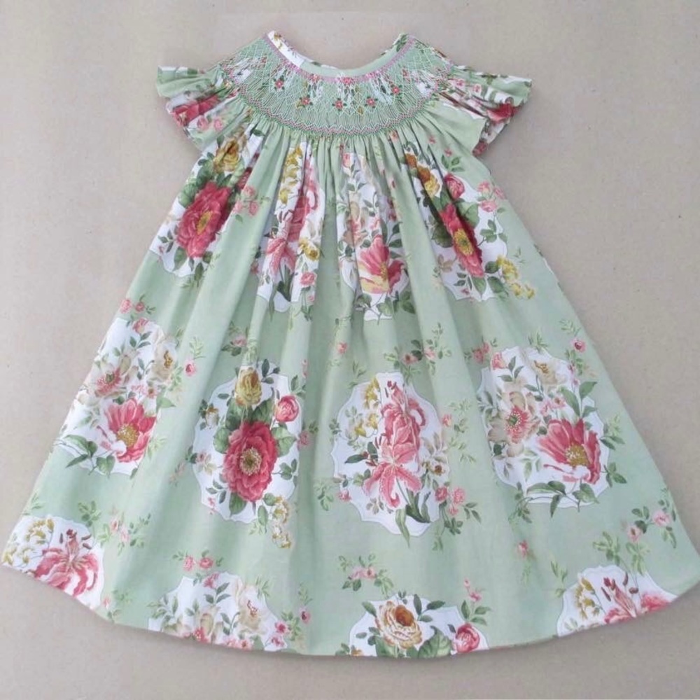 Green floral smocked bishop dress