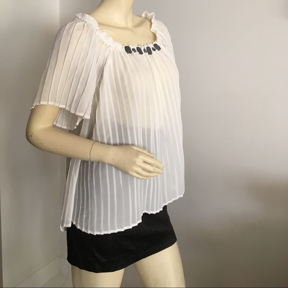 White Pleated Flutter Sleeve Top Beaded Neck - image 2