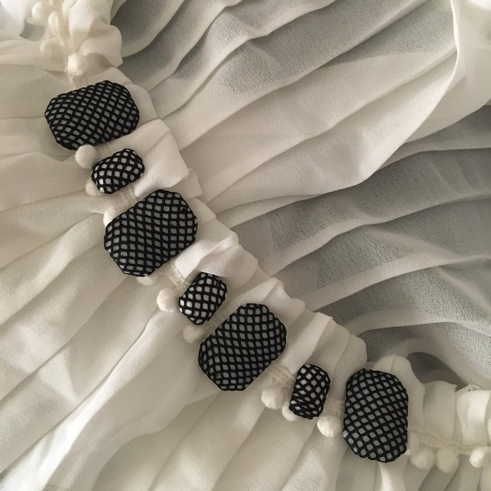 White Pleated Flutter Sleeve Top Beaded Neck - image 5