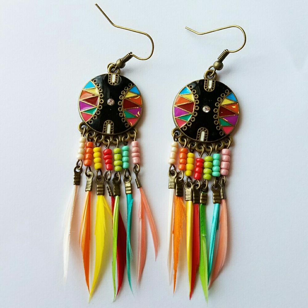 Colorful boho dangle feather crystal earrings nwt