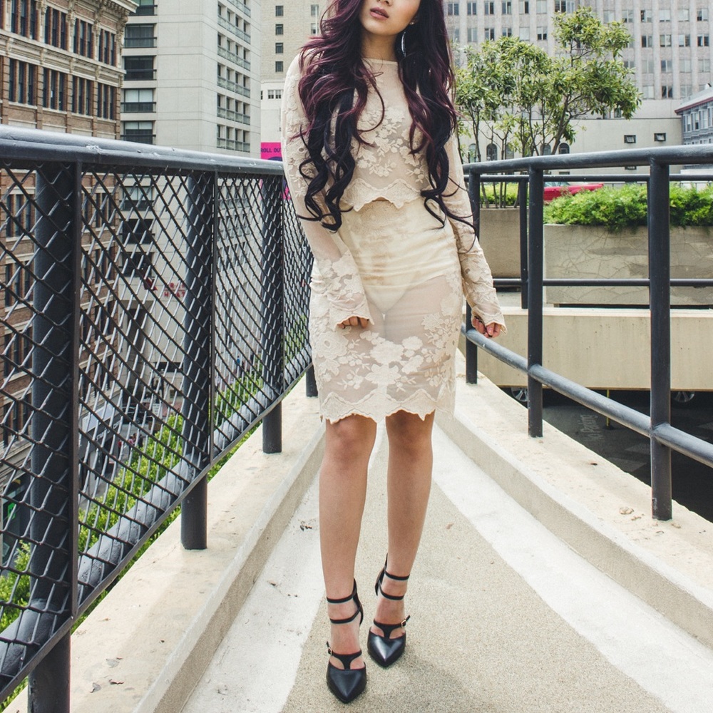 2 Piece Nude Lace Skirt Set