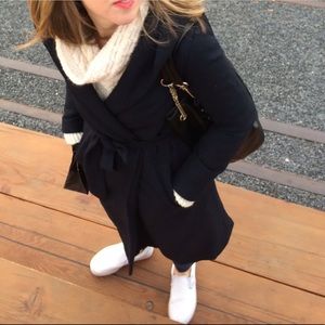 H&M navy herringbone wrap coat