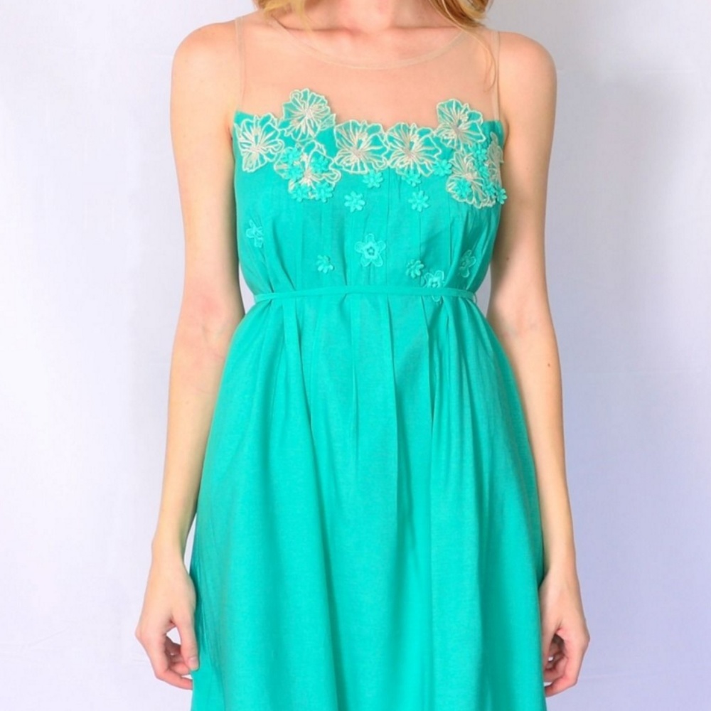 Teal Spring Floral Dress with Sheer Top