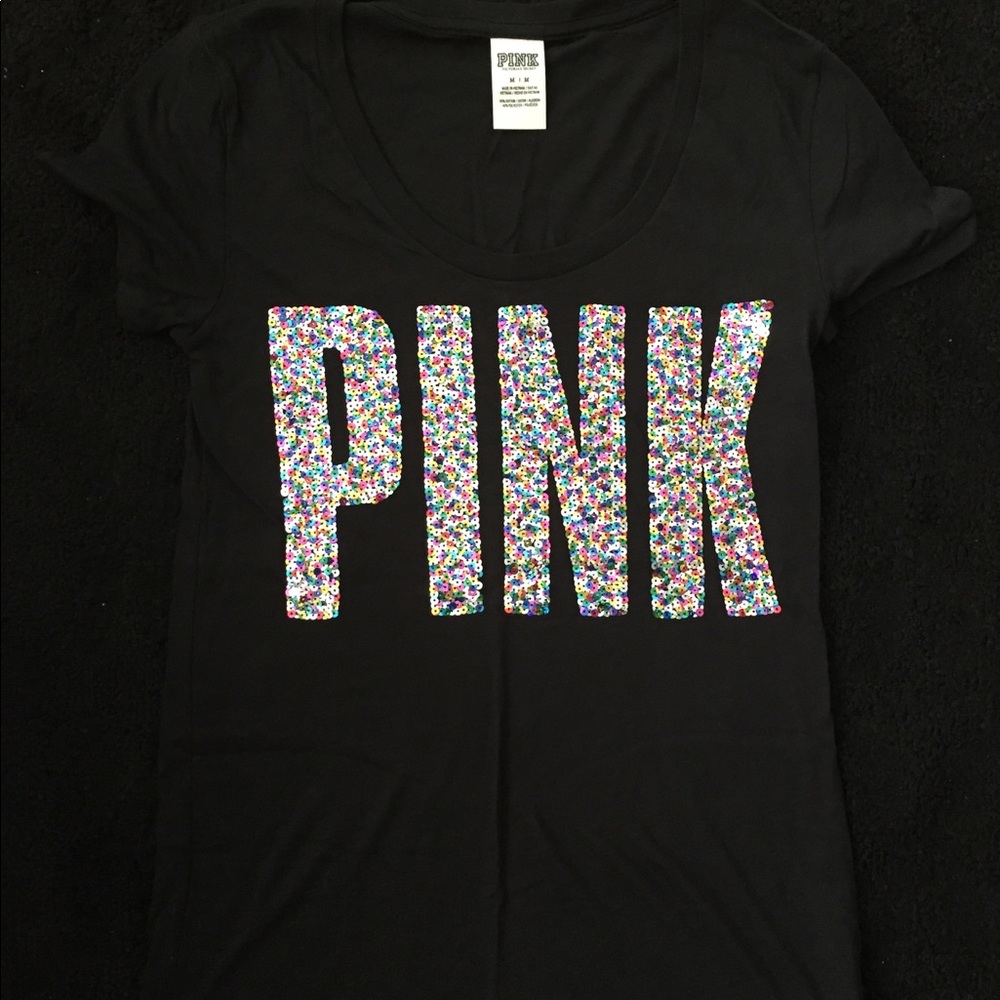 NWOT VS Pink Black Sequin Bling T-Shirt Size M