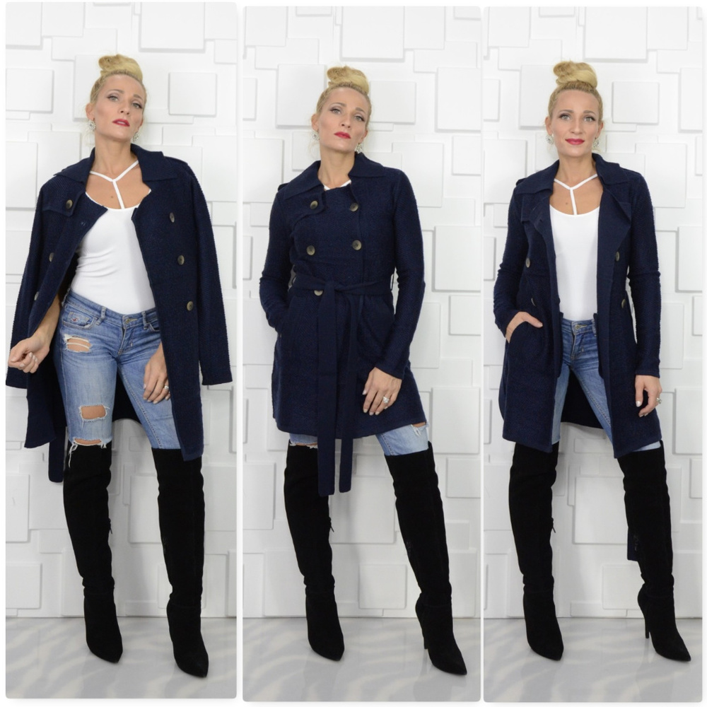 ♥️LAST 1♥️ NAVY BLUE SWEATER TRENCH COAT - Picture 2 of 4