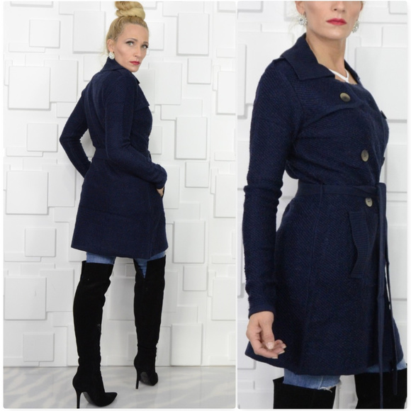 ♥️LAST 1♥️ NAVY BLUE SWEATER TRENCH COAT - Picture 3 of 4