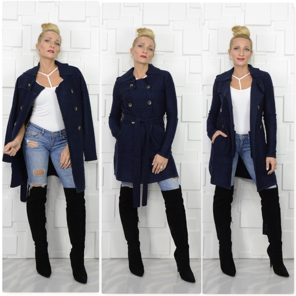 ♥️LAST 1♥️ NAVY BLUE SWEATER TRENCH COAT - Picture 2 of 4