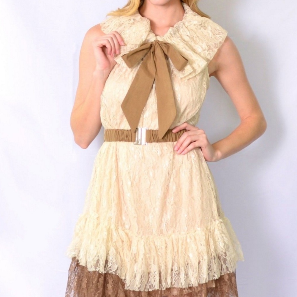 Lace Beige and Brown Dress with Belt