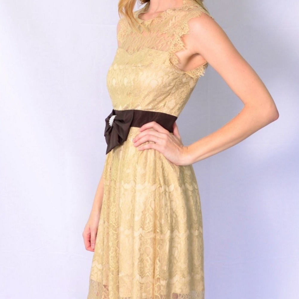 Beige and Brown Dress with Bow