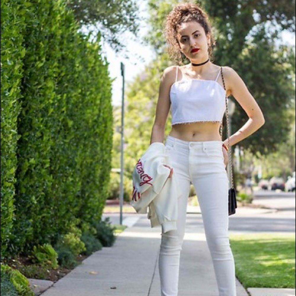 White denim crop top with lace-up back