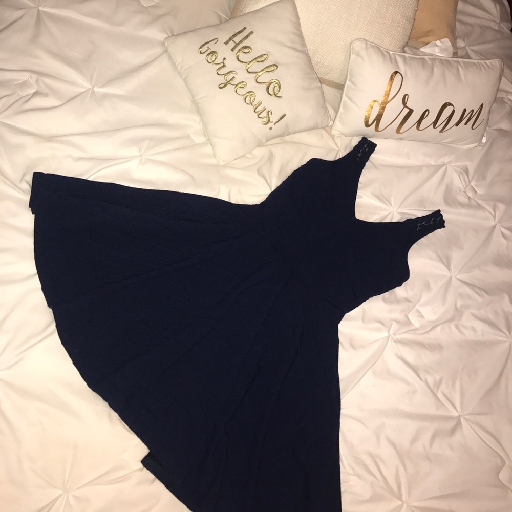 Navy blue dress with open back and lace straps