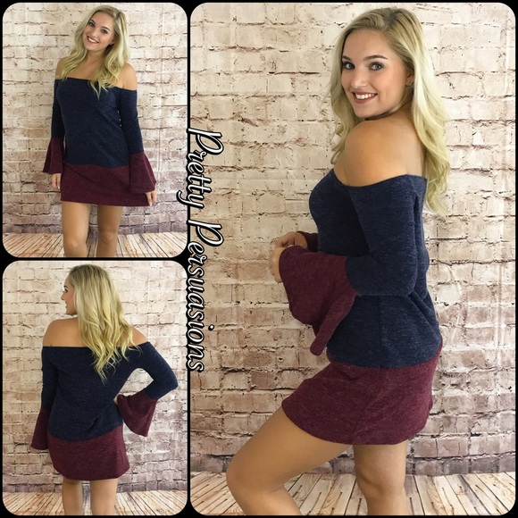 Navy & Wine Off Shoulder Color Block Sweater Dress - Picture 2 of 6
