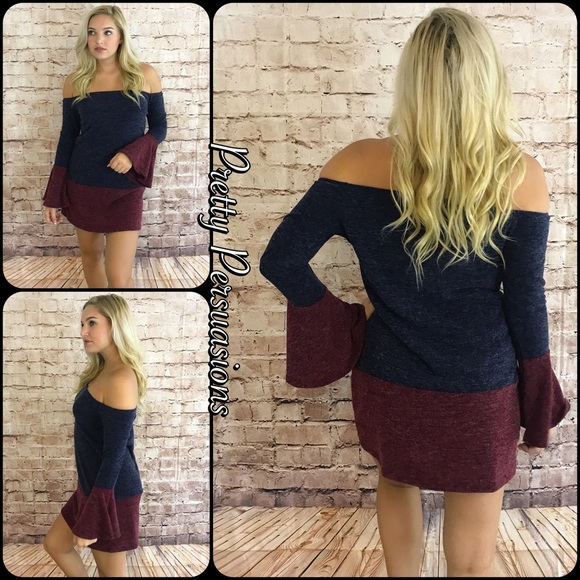 Navy & Wine Off Shoulder Color Block Sweater Dress - Picture 3 of 6