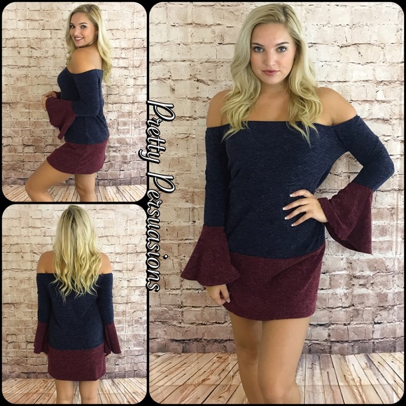 Navy & Wine Off Shoulder Color Block Sweater Dress - Picture 4 of 6