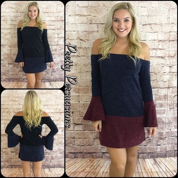 Navy & Wine Off Shoulder Color Block Sweater Dress - Picture 5 of 6