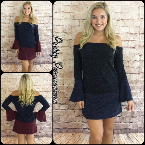 Navy & Wine Off Shoulder Color Block Sweater Dress - Picture 6 of 6