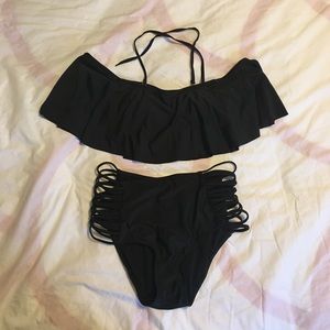 XL Black ruffle sleeve high waisted bikini