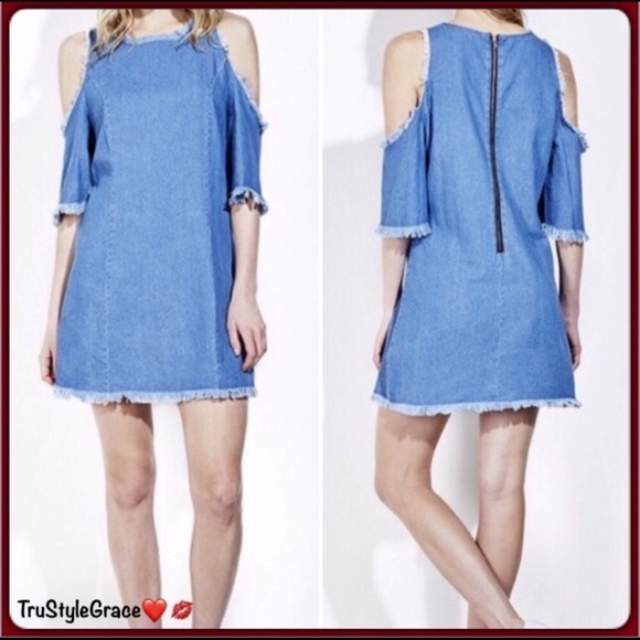 Dresses & Skirts - 💙 Chambray Denim Frayed Cold Shoulder Dress
