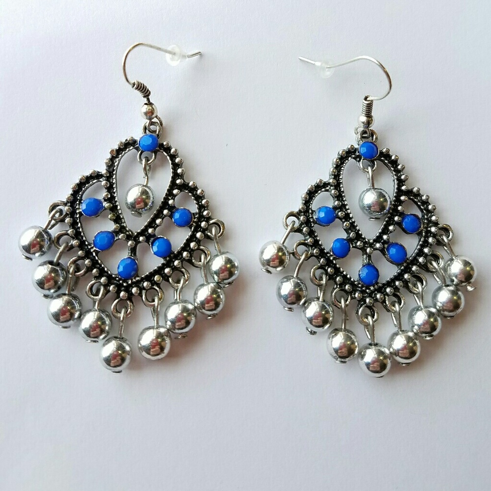 Silver and blue boho dangle earrings nwt