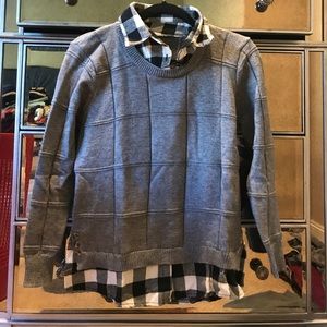 Grey sweater with plaid undershirt