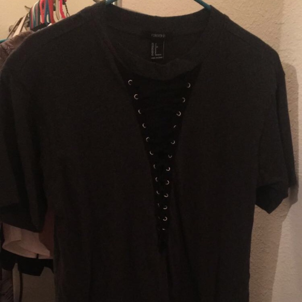 Gray shirt with black style corset tie up!