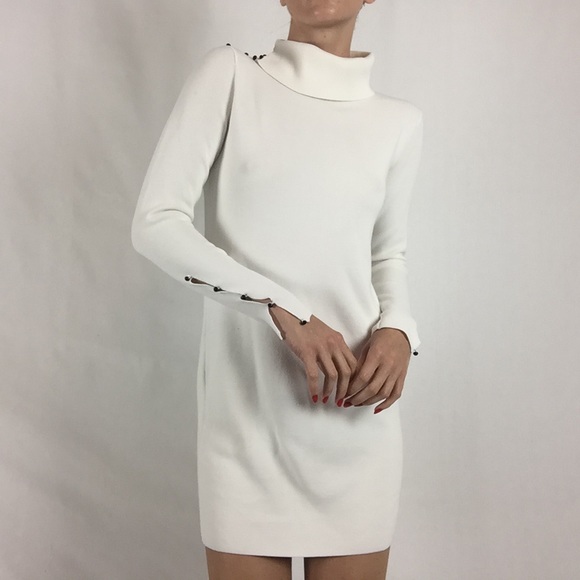 white cowl neck sweater dress