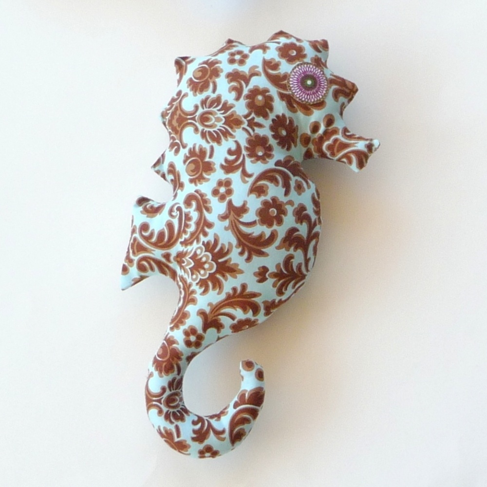 Pillow Seahorse Cotton Hand Made Toy Blue Brown Damask Floral