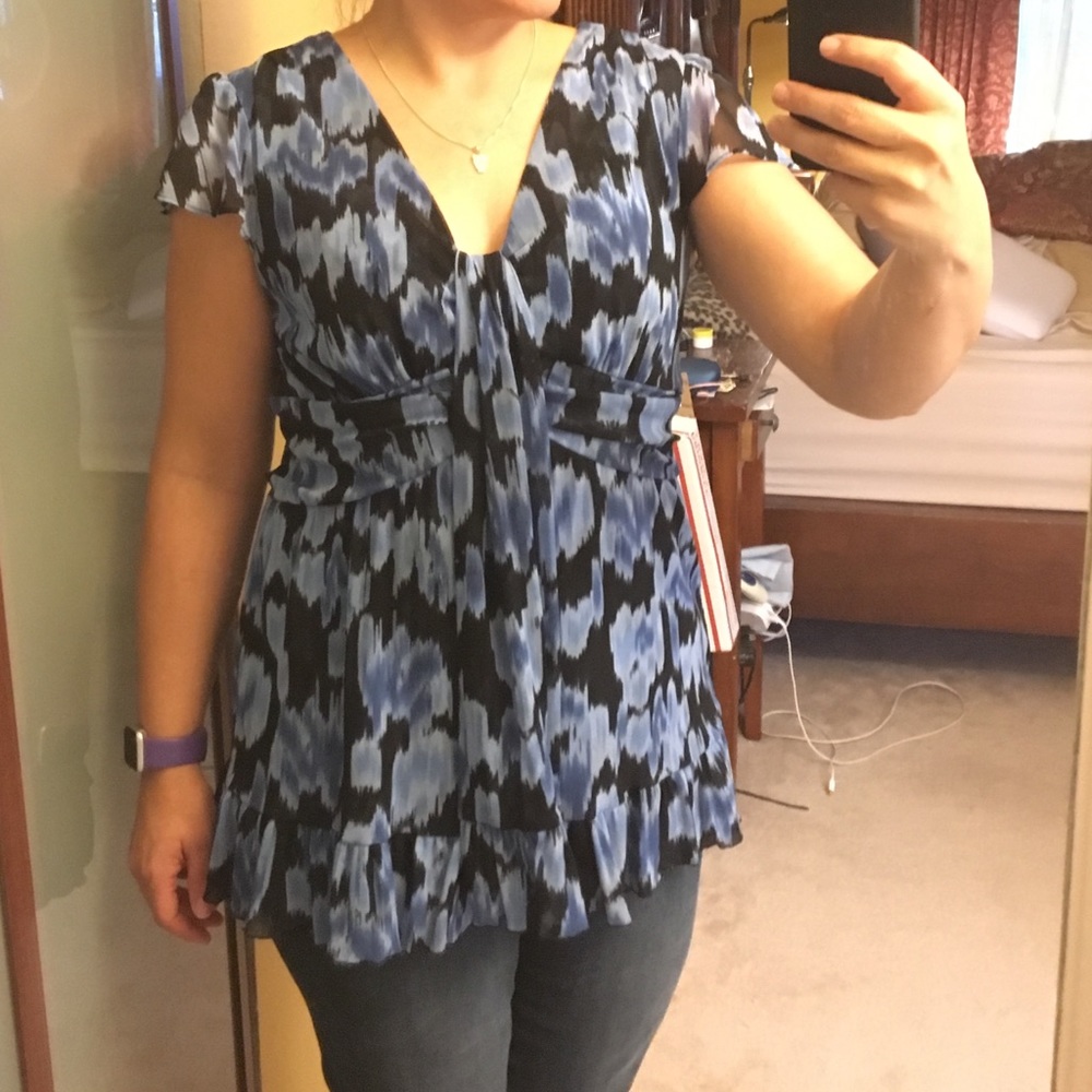 INC fluttery blue and black top with ruffle