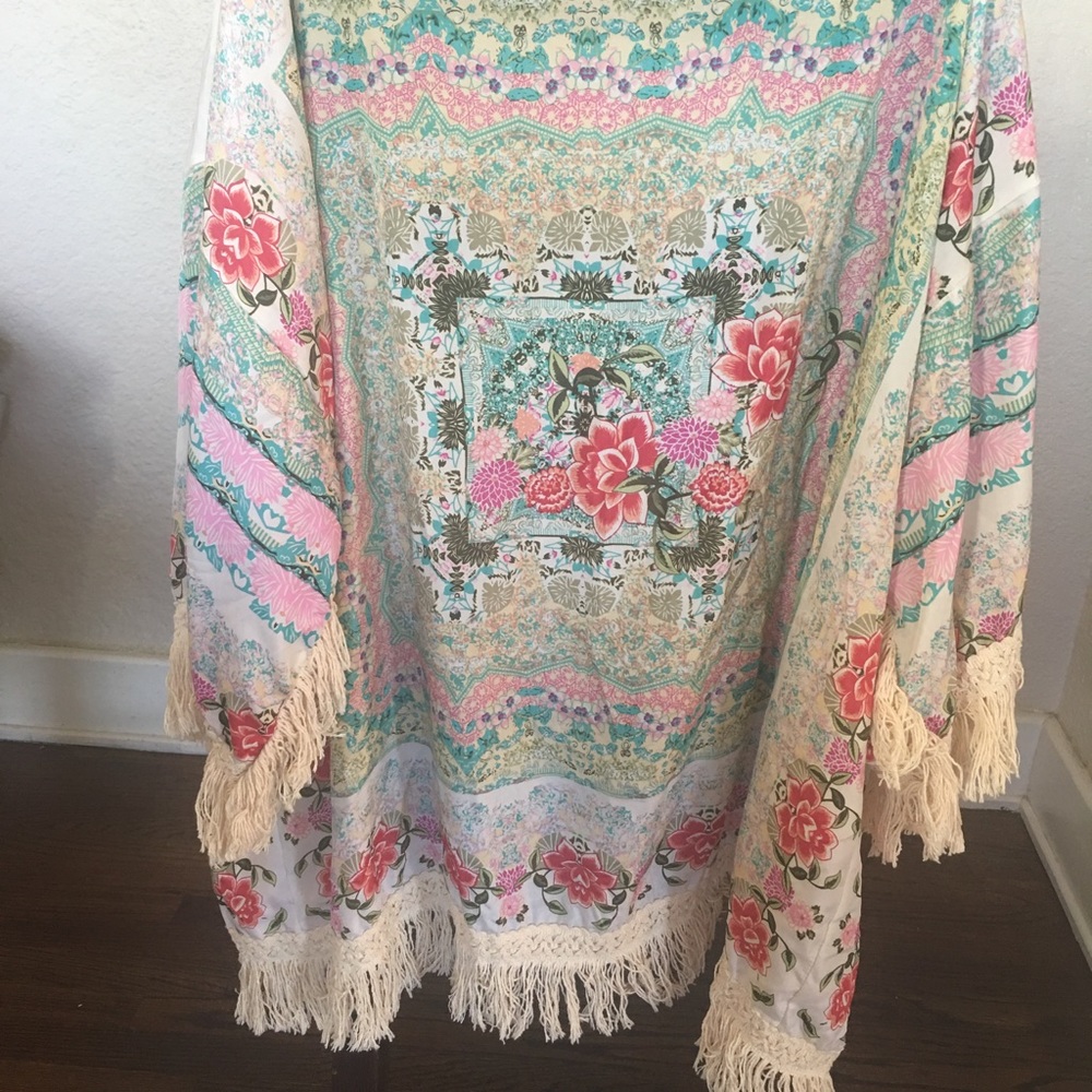 SILKY SHIRT KIMONO FRINGE TOP BOHO FLORAL
