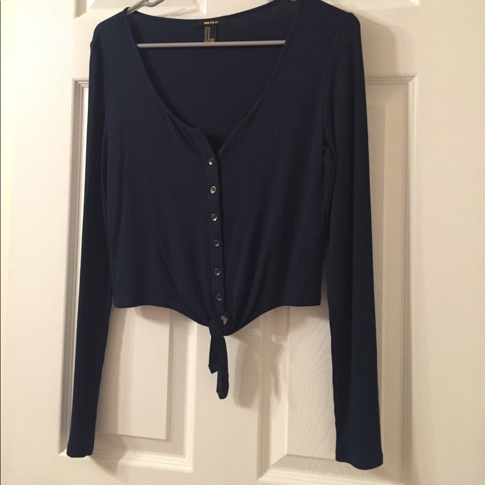 Navy blue long sleeve crop top with tie
