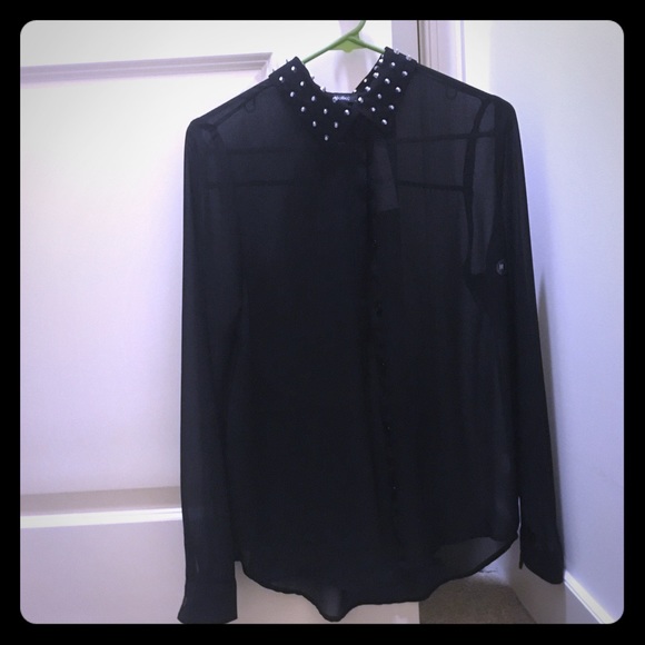 Sheer black blouse with silver studded collar (M) - Picture 1 of 2