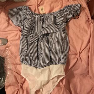 Blue and white body suit