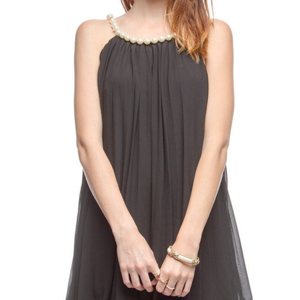 Black Pleated Dress with Pearl Collar